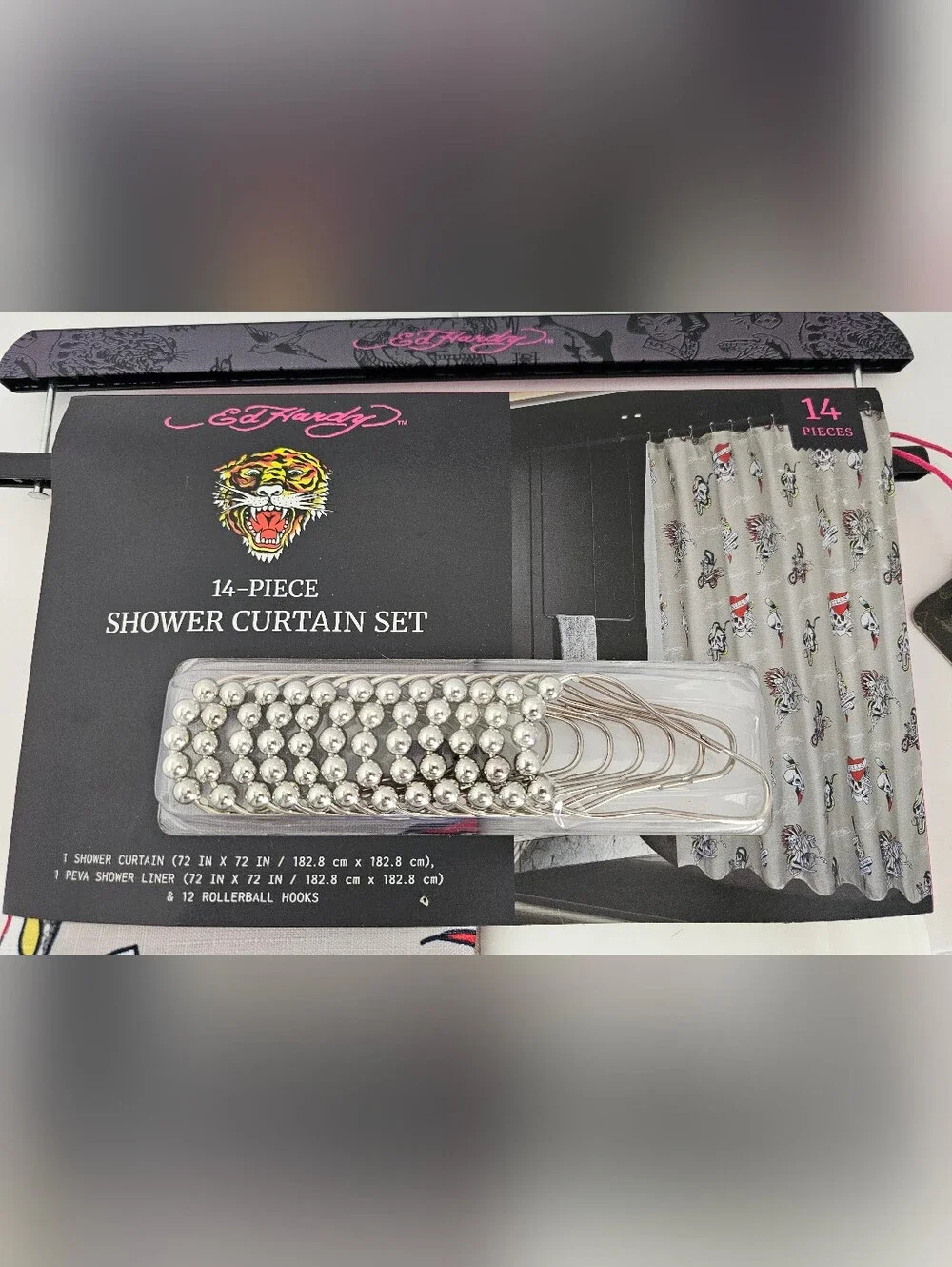 NWT!  Ed Hardy Shower Curtain 14 Piece Set with SHADOW Tattoo Love Kills Design